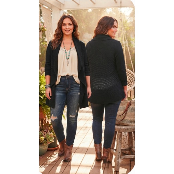 Soma Sweaters - Soma Black Open Front Cardigan Draped Shawl Neck Pointelle Knit Sweater